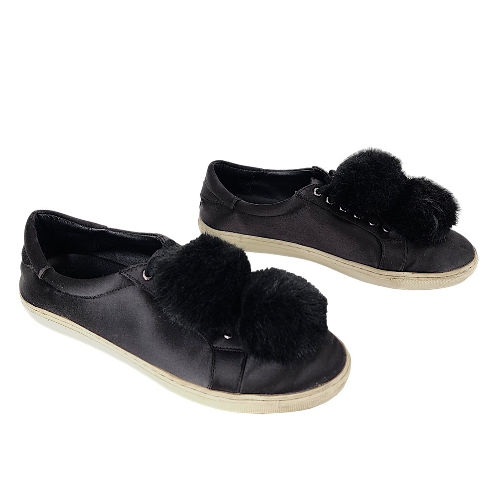 J Slides Sneakers sz 9 Women Black Tassels Pom Poms Lace‎ Up Satiny Festival
